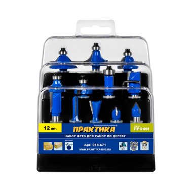 фото Набор фрез по дереву, 12 шт. (хвостовик 8 мм) ПРАКТИКА 918-671