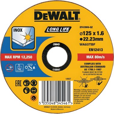 фото Диск отрезной 125 х 1.6 х 22.2 мм (тип 4, быстр. рез) DeWalt DT43906
