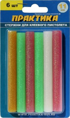 фото Стержни клеевые 11 х 100 мм (6 шт., цветной с блесками) ПРАКТИКА 790-229