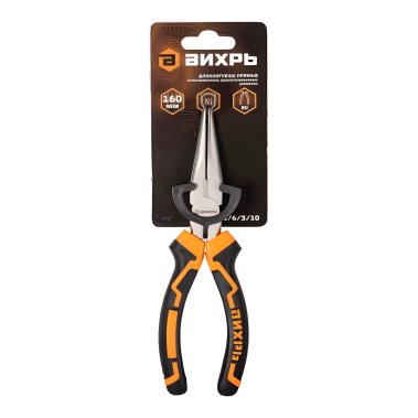 фото Длинногубцы прямые 160 мм, никелированные, друхкомпонентные рукоятки ВИХРЬ