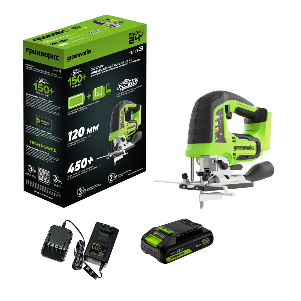 фото Лобзик аккумуляторный GREENWORKS GD24JS120K2 3601407CUA
