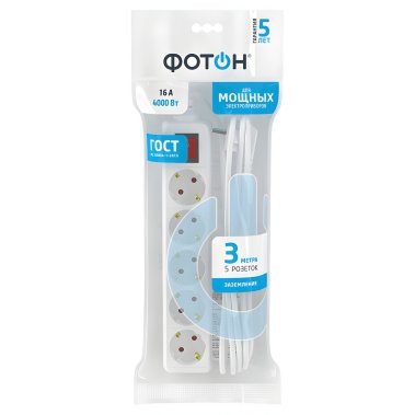 фото Удлинитель ФОТОН 3 м 16-35ES, 16 А, с заземлением, с выкл., белый УТ000000964