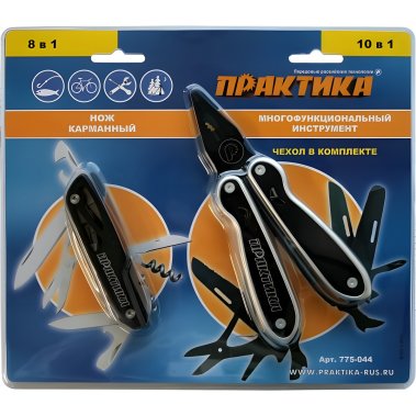 фото Мультитул-плоскогубцы ПРАКТИКА 10-в-1 + нож 8-в-1 (блистер) 775-044