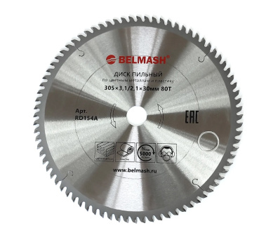 фото Диск пильный 305 х 3.1/2.1 х 30 мм 80T (цвет. металл, пластик) BELMASH RD154A