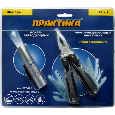 фото Мультитул-плоскогубцы ПРАКТИКА 12-в-1 + LED фонарик (блистер) 777-482