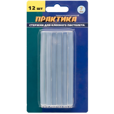 фото Стержни клеевые 7 х 100 мм (12 шт., белый прозрачный) ПРАКТИКА 641-572